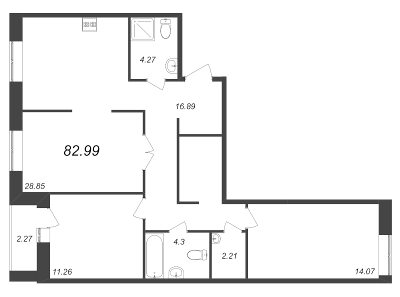3-комнатная (Евро) квартира, 82.99 м² - планировка, фото №1