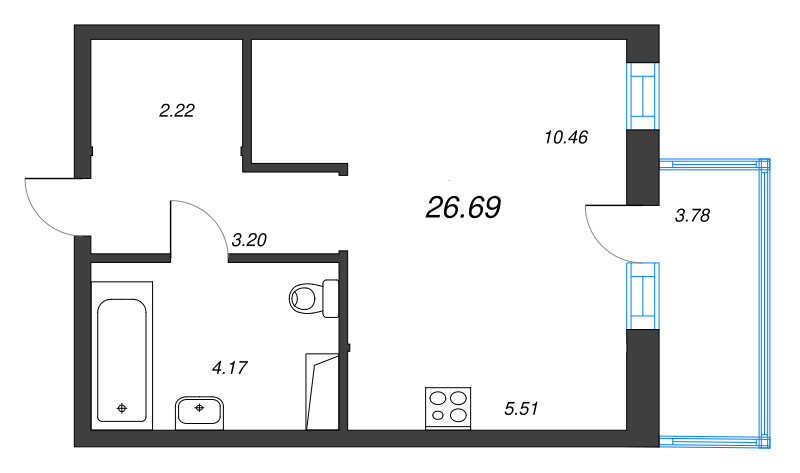 Квартира-студия, 26.69 м² в ЖК "Окла" - планировка, фото №1