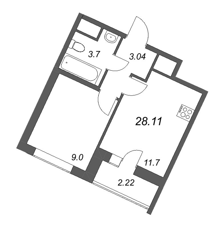 1-комнатная квартира, 28.11 м² - планировка, фото №1