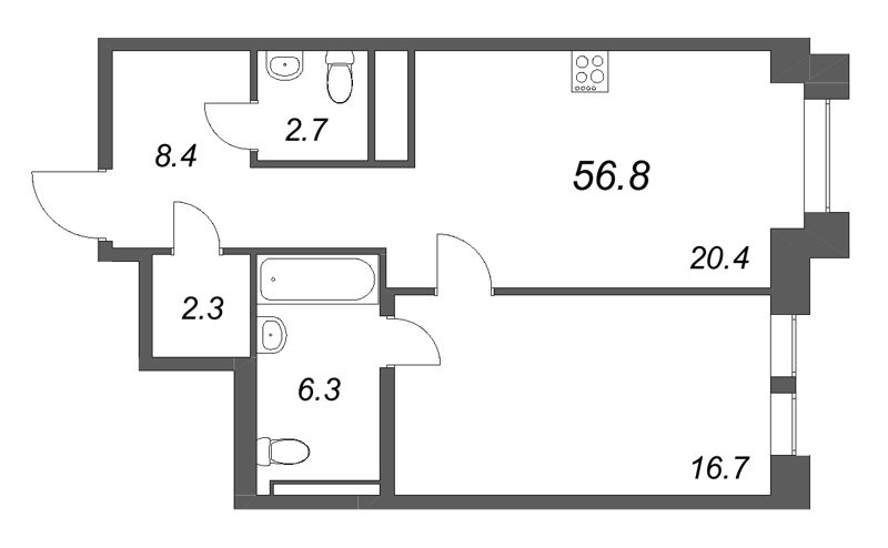 2-комнатная (Евро) квартира, 56.8 м² в ЖК "Коллекционер" - планировка, фото №1