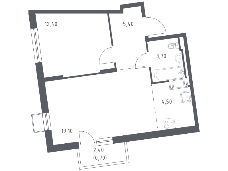 2-комнатная (Евро) квартира, 45.8 м² - планировка, фото №1