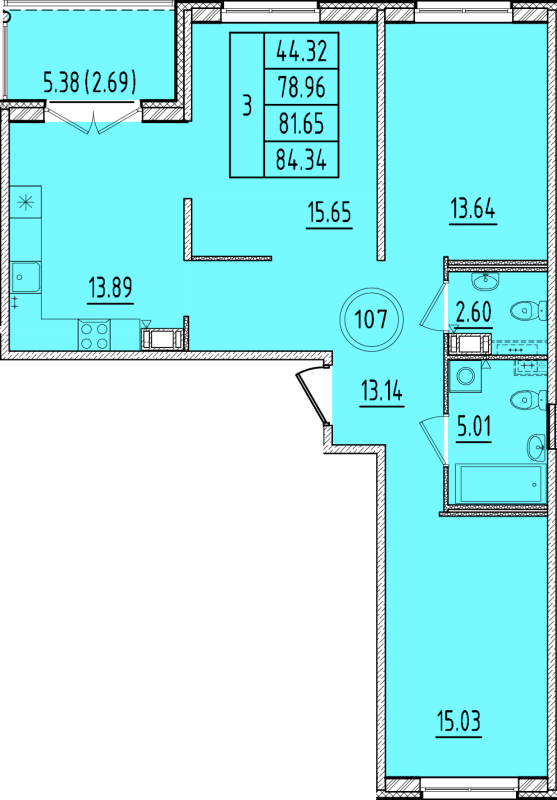 3-комнатная квартира, 78.96 м² в ЖК "Образцовый квартал 17" - планировка, фото №1