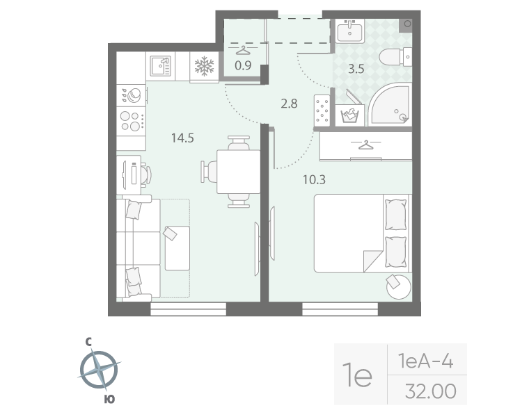 1-комнатная квартира, 32 м² в ЖК "Дыбенко Парк" - планировка, фото №1