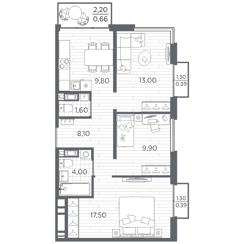 3-комнатная квартира, 65.34 м² в ЖК "Плюс Пулковский" - планировка, фото №1