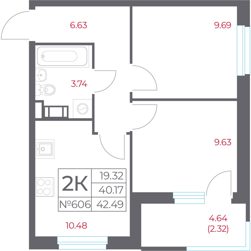 2-комнатная квартира, 42.49 м² в ЖК "Город-спутник Южный" - планировка, фото №1