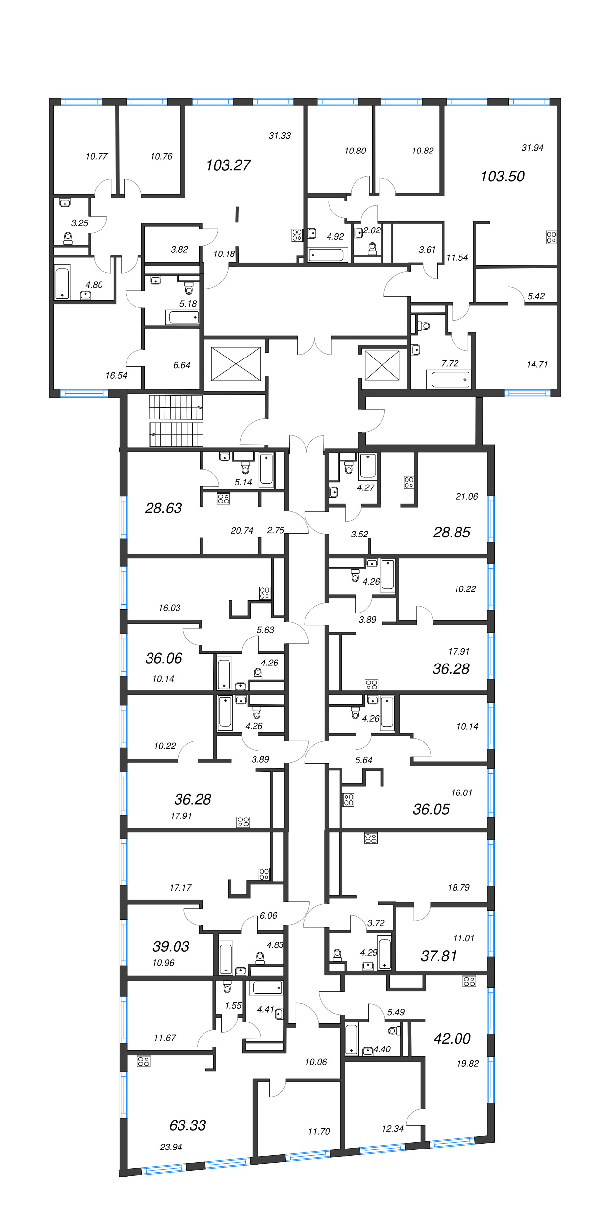 2-комнатная (Евро) квартира, 36.05 м² в ЖК "Legenda Васильевского" - планировка этажа