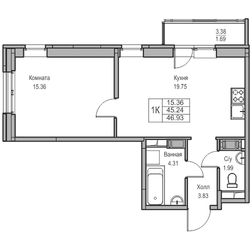 2-комнатная (Евро) квартира, 46.93 м² в ЖК "Юнтолово" - планировка, фото №1