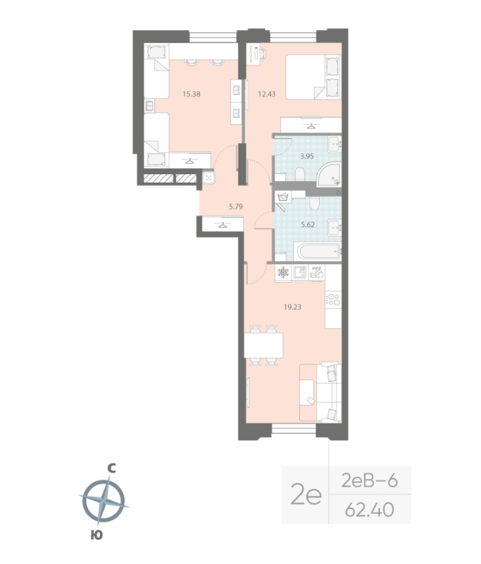 3-комнатная (Евро) квартира, 62.4 м² в ЖК "Цивилизация на неве" - планировка, фото №1