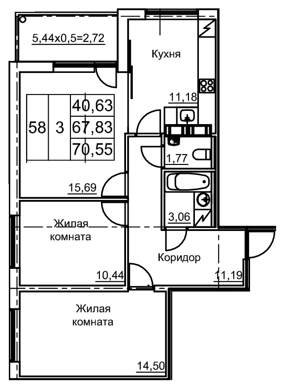 3-комнатная квартира, 70.55 м² в ЖК "Финский квартал" - планировка, фото №1