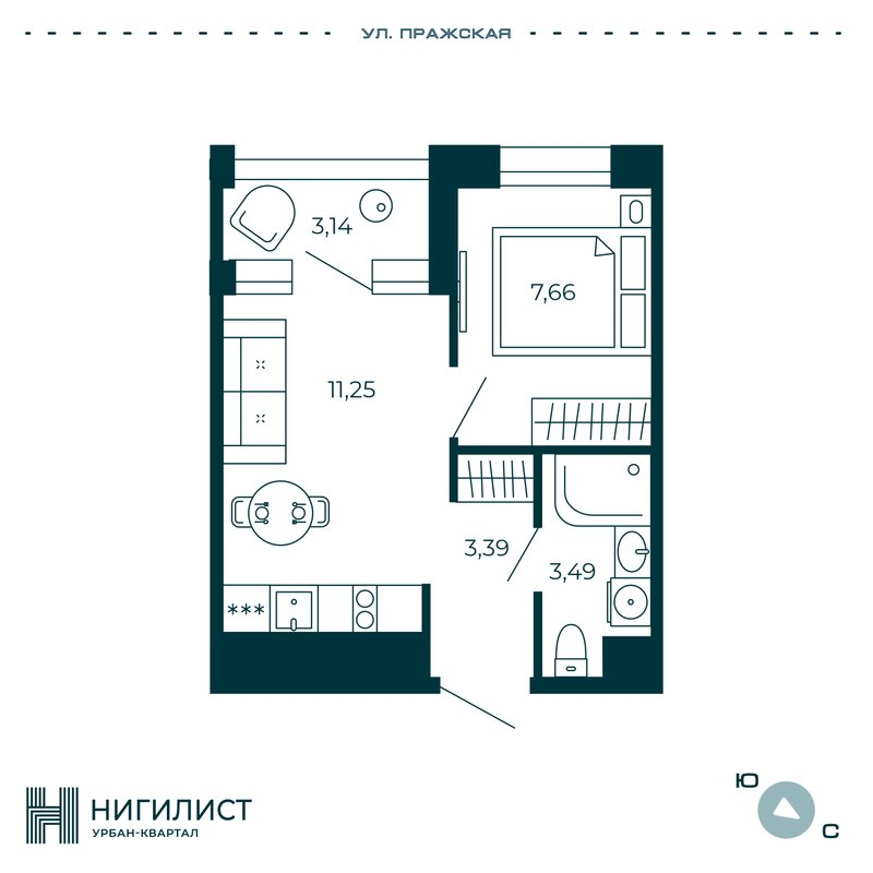 1-комнатная квартира, 27.35 м² в ЖК "Нигилист" - планировка, фото №1
