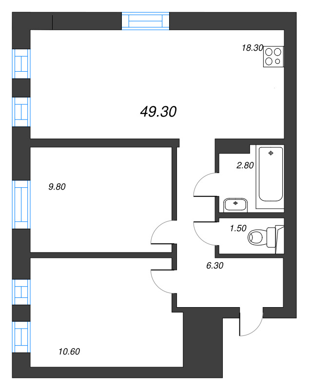 3-комнатная (Евро) квартира, 49.3 м² в ЖК "Эко Квартал Нега" - планировка, фото №1