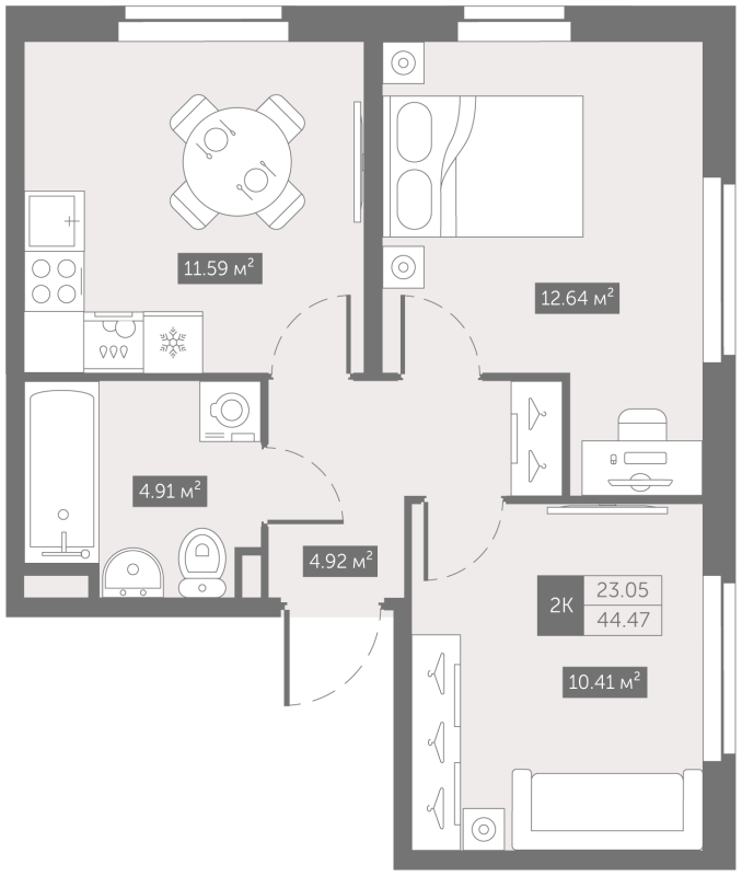 2-комнатная квартира, 44.47 м² в ЖК "Зум на Неве" - планировка, фото №1