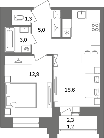2-комнатная (Евро) квартира, 41.9 м² в ЖК "Антверпен" - планировка, фото №1