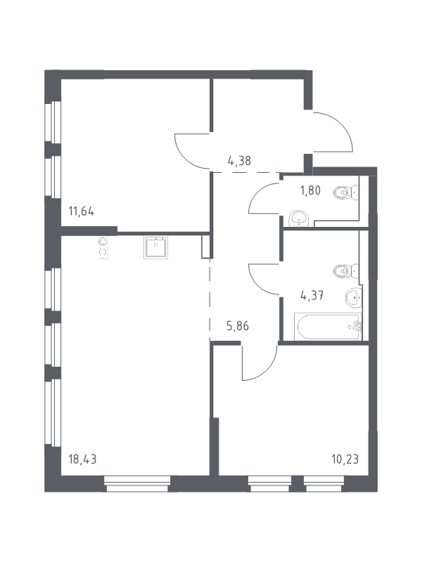 3-комнатная (Евро) квартира, 56.71 м² - планировка, фото №1