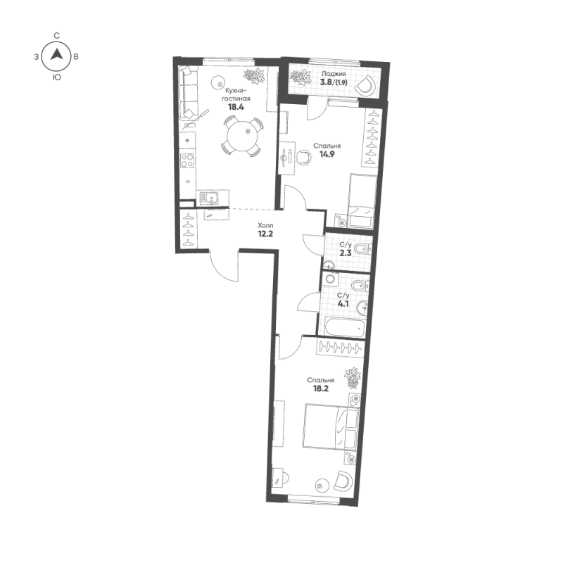 3-комнатная (Евро) квартира, 72 м² в ЖК "Ягодное Река Парк" - планировка, фото №1