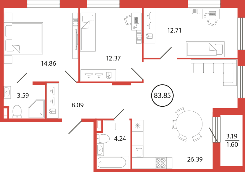 4-комнатная (Евро) квартира, 83.85 м² в ЖК "Энфилд" - планировка, фото №1