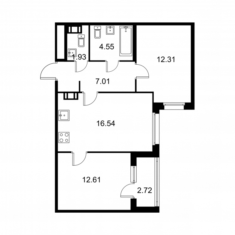 3-комнатная (Евро) квартира, 56.31 м² - планировка, фото №1