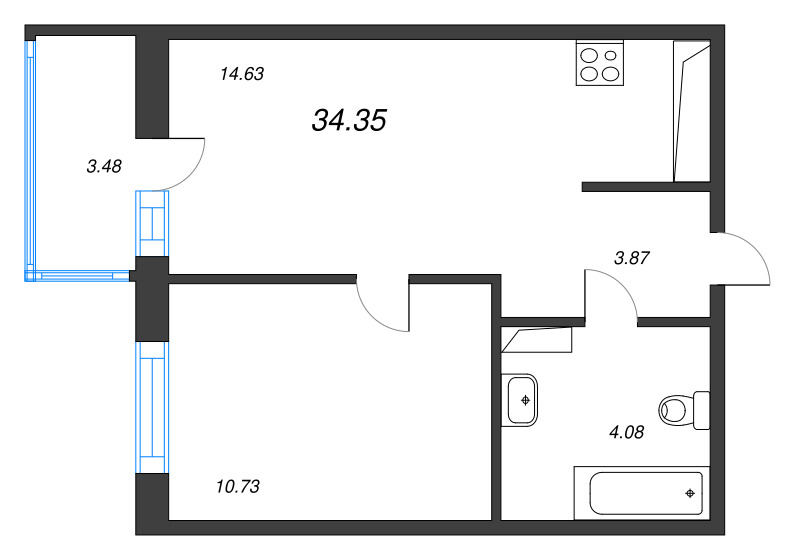 1-комнатная квартира, 34.35 м² в ЖК "OKLA" - планировка, фото №1