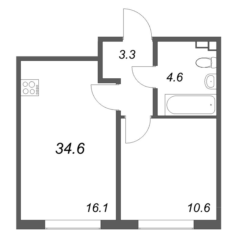 2-комнатная (Евро) квартира, 34.6 м² в ЖК "Пулково Lake" - планировка, фото №1