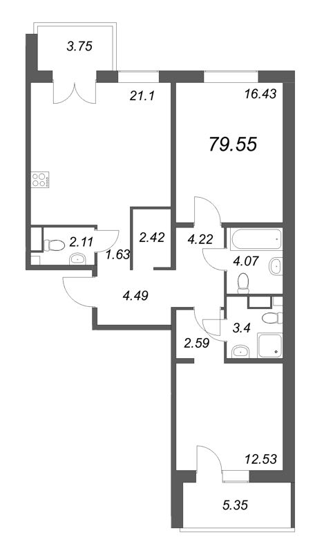 3-комнатная (Евро) квартира, 78.1 м² в ЖК "Ю Гатчина" - планировка, фото №1