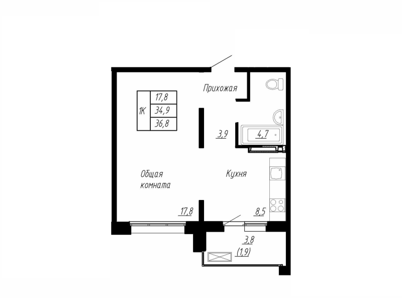 1-комнатная квартира, 36.8 м² в ЖК "Сибирь" - планировка, фото №1