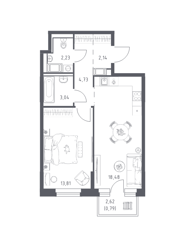 2-комнатная (Евро) квартира, 45.22 м² в ЖК "Новое Колпино" - планировка, фото №1