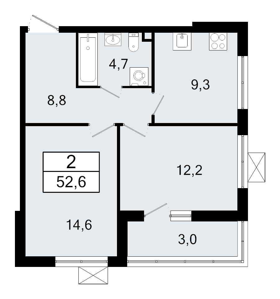 2-комнатная квартира, 52.6 м² - планировка, фото №1