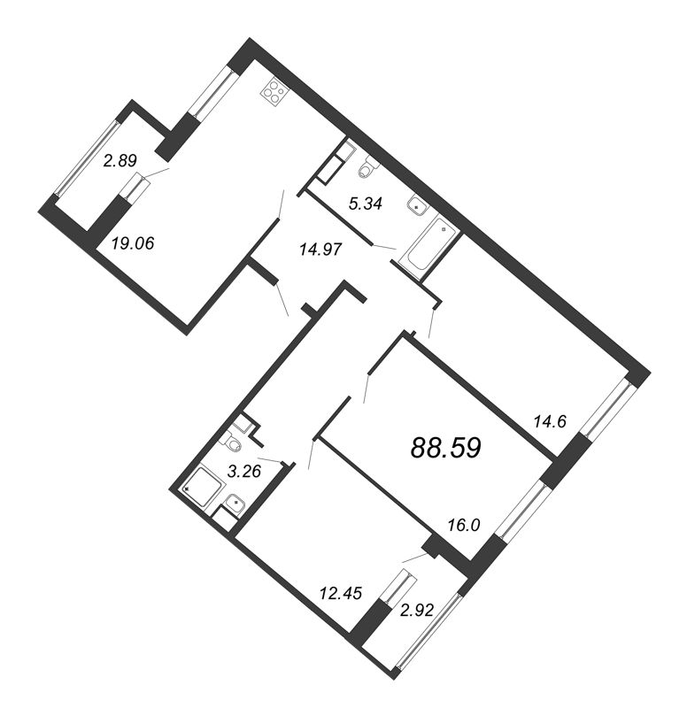 4-комнатная (Евро) квартира, 88.59 м² - планировка, фото №1