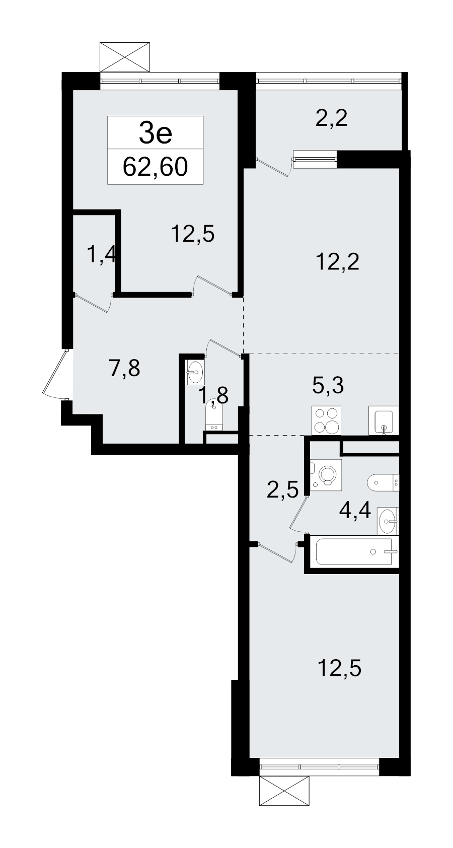 3-комнатная (Евро) квартира, 62.6 м² - планировка, фото №1