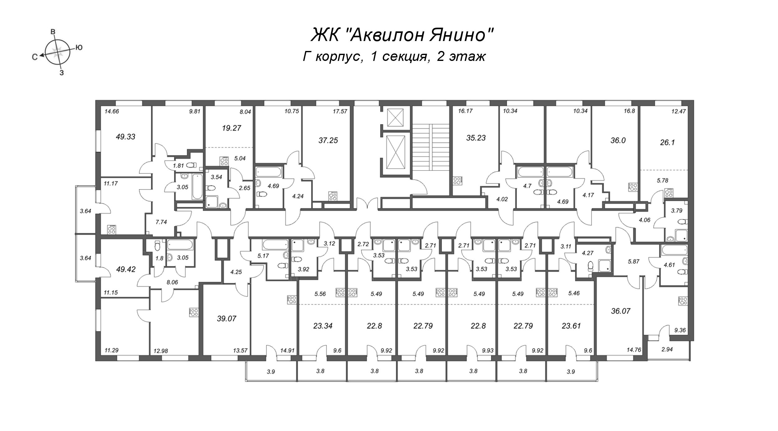 2-комнатная (Евро) квартира, 35.23 м² в ЖК "Аквилон Янино" - планировка этажа