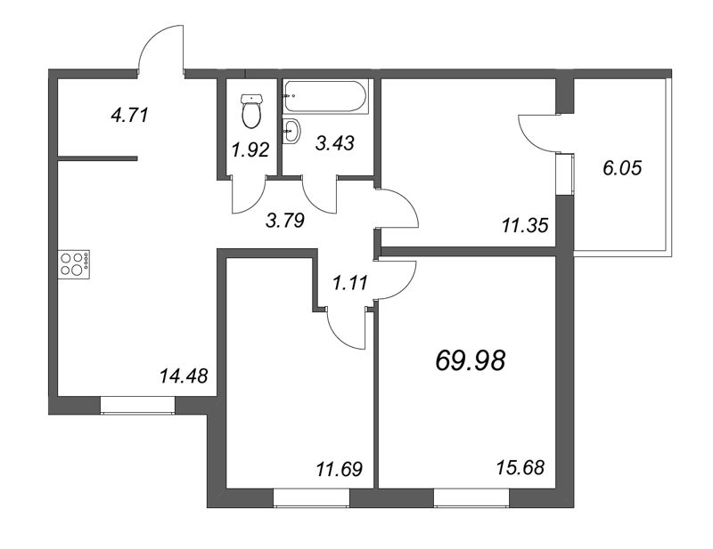 3-комнатная квартира, 68.16 м² в ЖК "Юттери" - планировка, фото №1