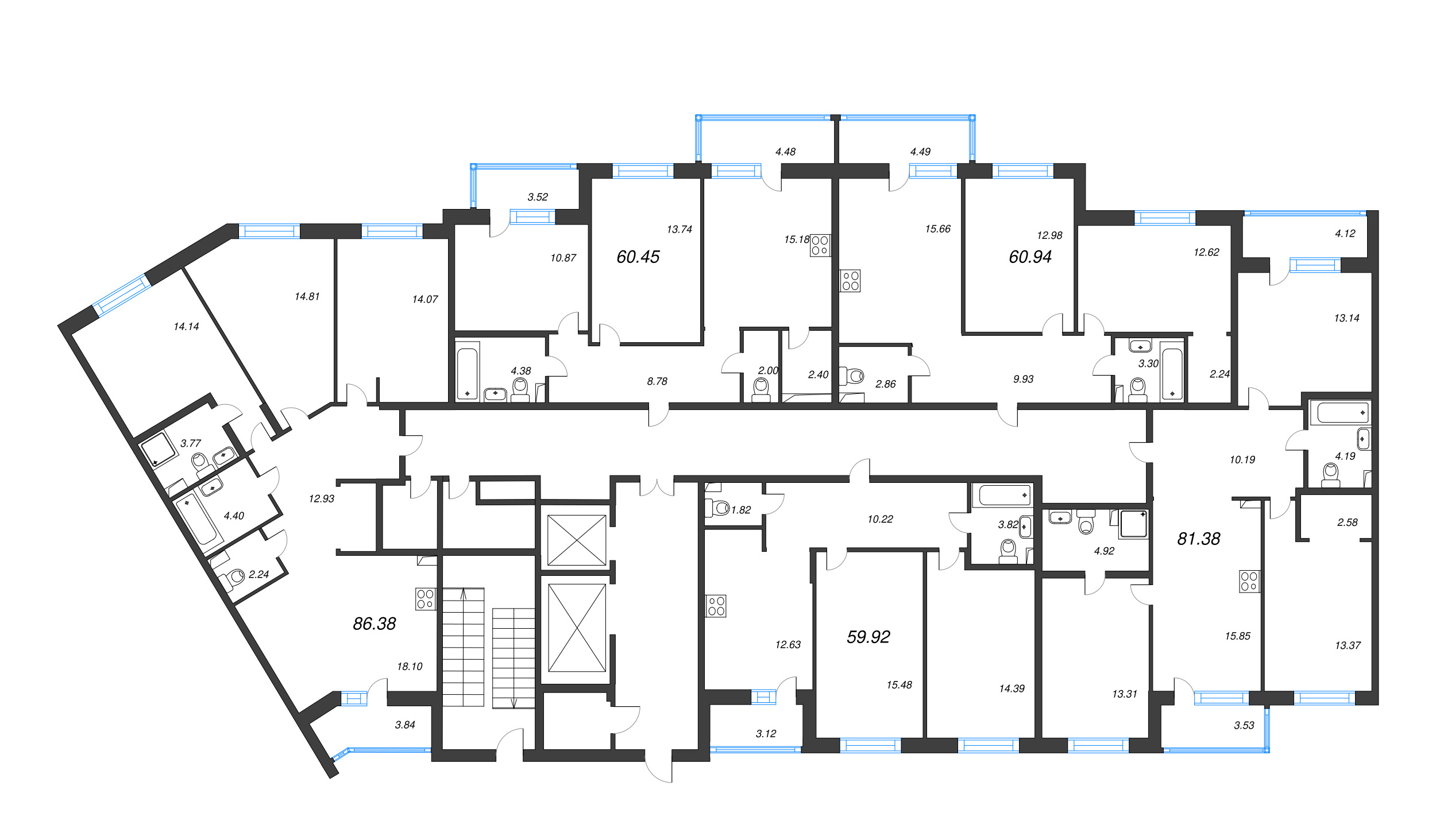 3-комнатная (Евро) квартира, 60.94 м² в ЖК "Энфилд" - планировка этажа