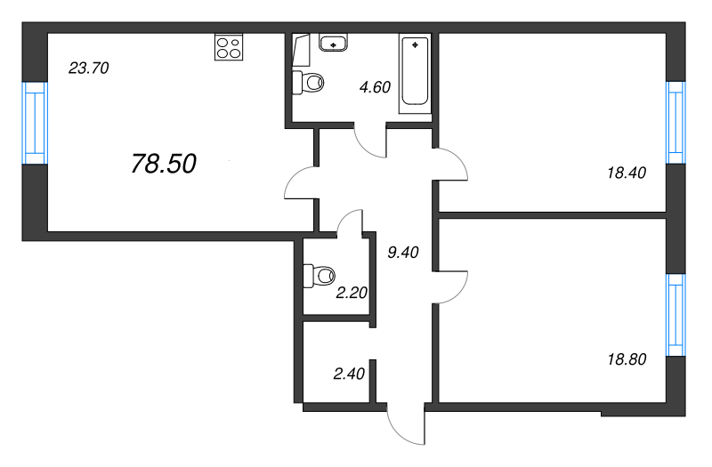 2-комнатная (Евро) квартира, 78.2 м² - планировка, фото №1