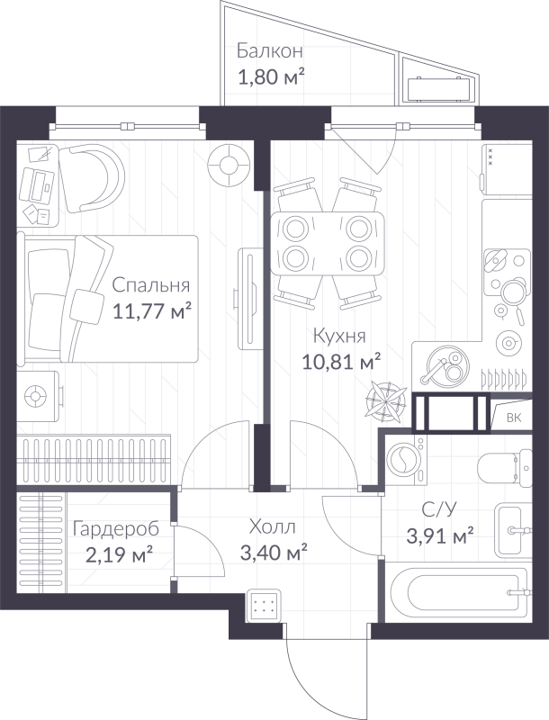 1-комнатная квартира, 32.62 м² в ЖК "ВЕРЕН НОРТ сертолово" - планировка, фото №1