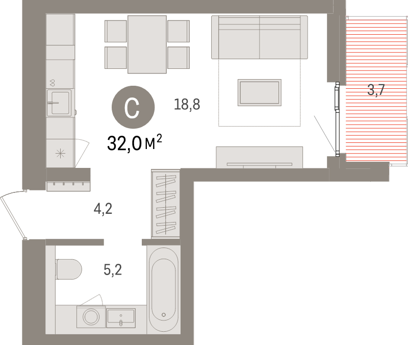 Квартира-студия, 32 м² в ЖК "Брусника в Новоселье" - планировка, фото №1