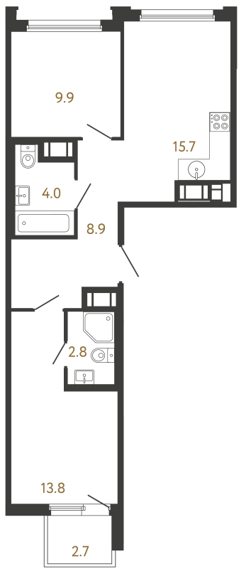 3-комнатная (Евро) квартира, 55.1 м² в ЖК "Гений" - планировка, фото №1
