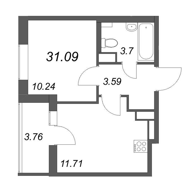 1-комнатная квартира, 31.09 м² - планировка, фото №1