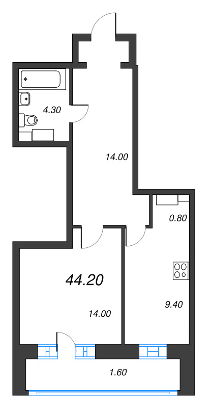 1-комнатная квартира, 45.04 м² - планировка, фото №1