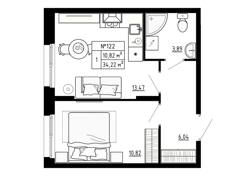 1-комнатная квартира, 34.22 м² - планировка, фото №1