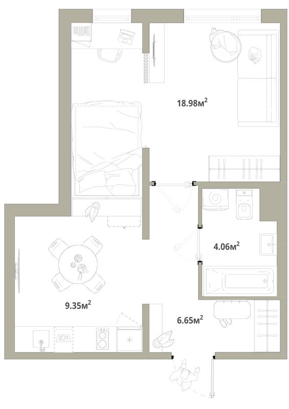 1-комнатная квартира, 39.04 м² в ЖК "Тишин" - планировка, фото №1