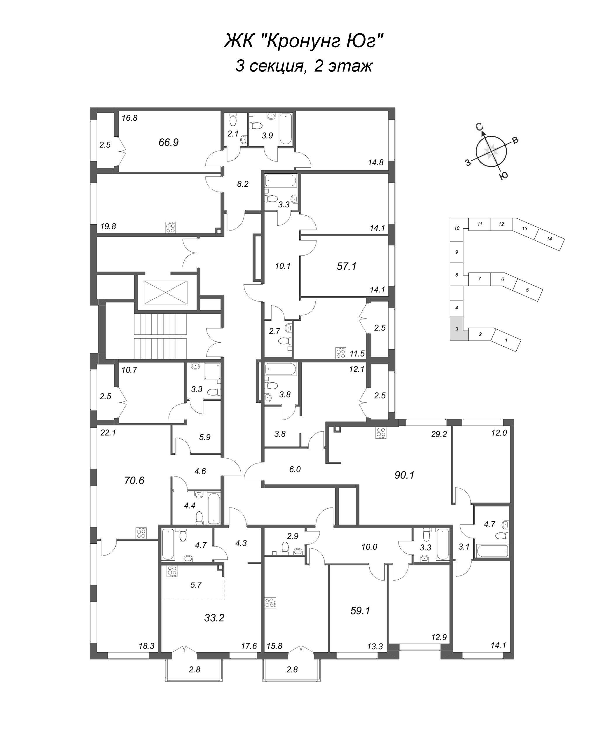 2-комнатная квартира, 57.1 м² в ЖК "Кронунг ЮГ" - планировка этажа
