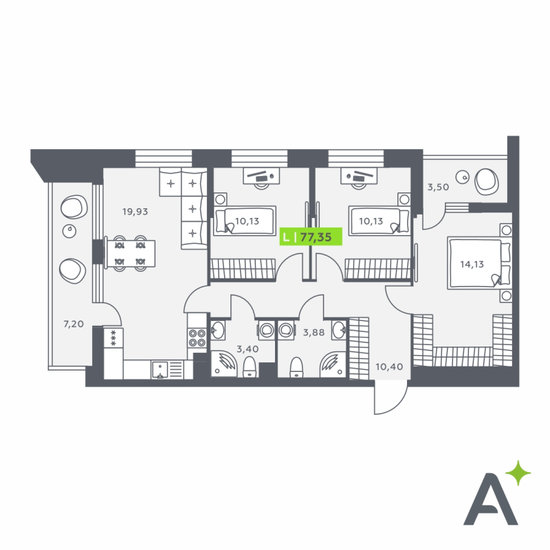 4-комнатная (Евро) квартира, 77.35 м² в ЖК "Аквилон Верба" - планировка, фото №1