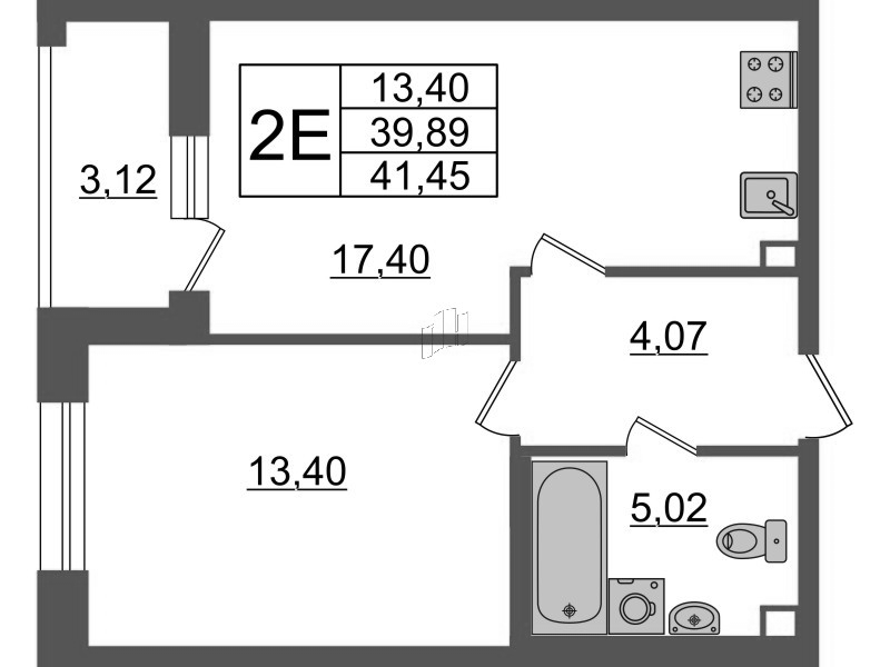 2-комнатная (Евро) квартира, 41.51 м² - планировка, фото №1