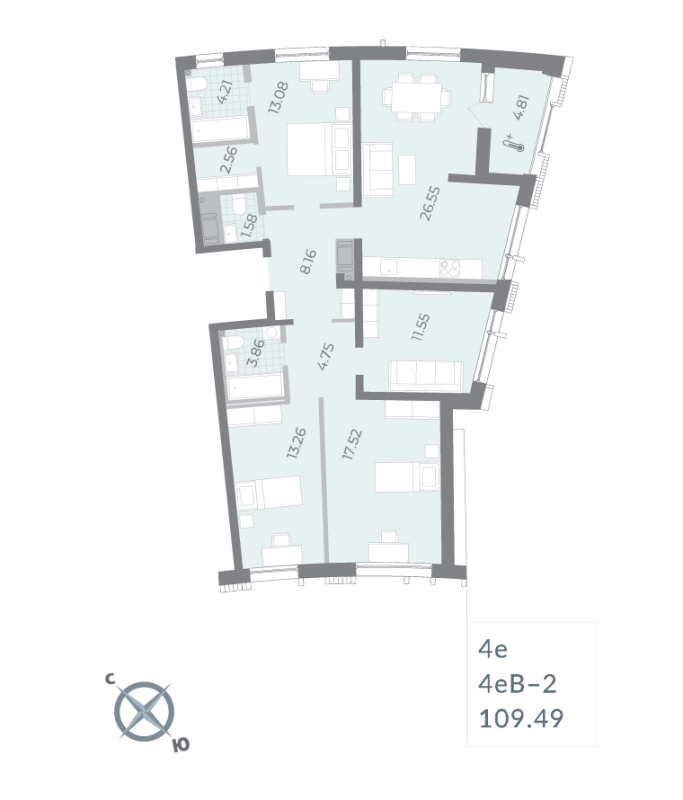 5-комнатная (Евро) квартира, 109.49 м² в ЖК "Морская набережная. SeaView" - планировка, фото №1
