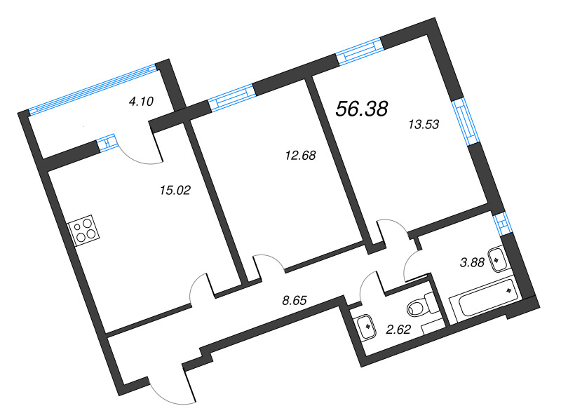 2-комнатная квартира, 56.38 м² в ЖК "ПАТИО. Уютный квартал" - планировка, фото №1