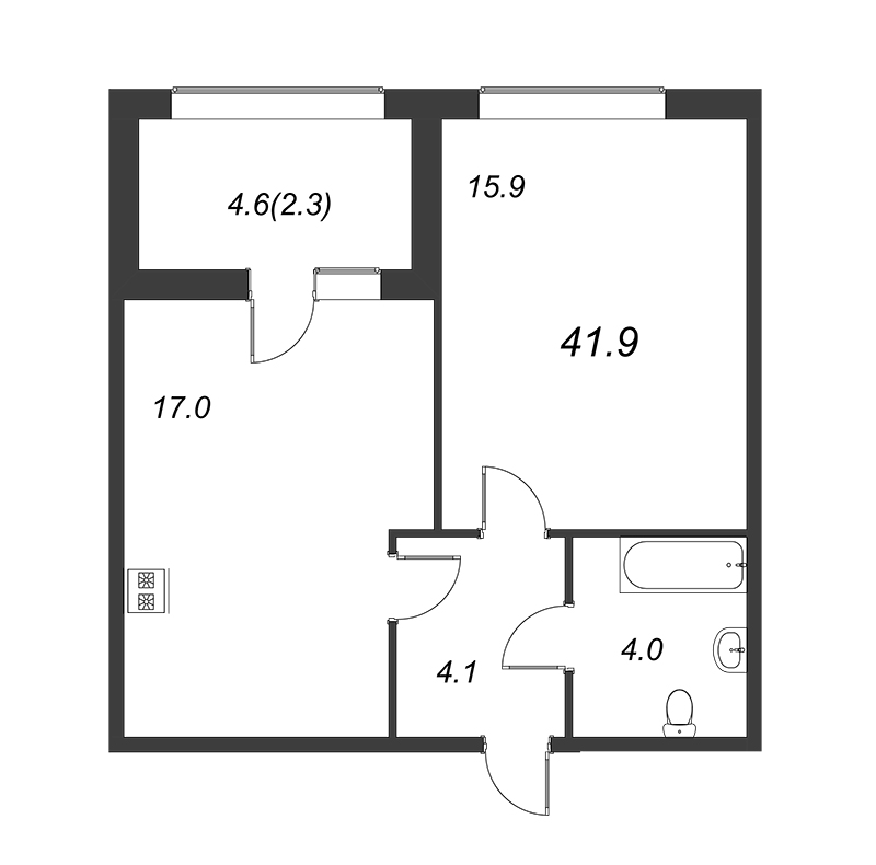 1-комнатная квартира, 42 м² - планировка, фото №1