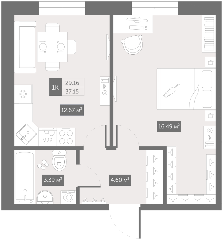 1-комнатная квартира, 38.3 м² в ЖК "Зум Чёрная Речка" - планировка, фото №1