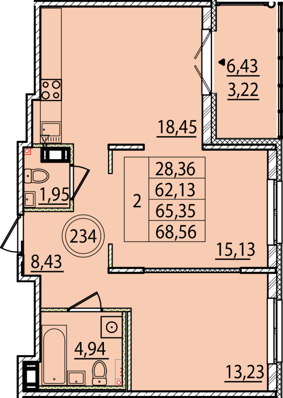 3-комнатная (Евро) квартира, 62.13 м² - планировка, фото №1
