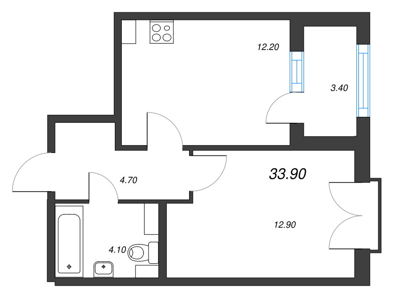 1-комнатная квартира, 33.9 м² в ЖК "Дубровский" - планировка, фото №1