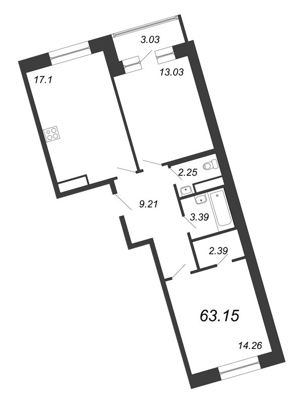 3-комнатная (Евро) квартира, 63.15 м² в ЖК "Ariosto" - планировка, фото №1